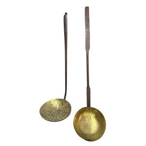 Pair of Vintage Long Brass Ladles W/Cast Iron Handle Copper Rivets Soup Strainer